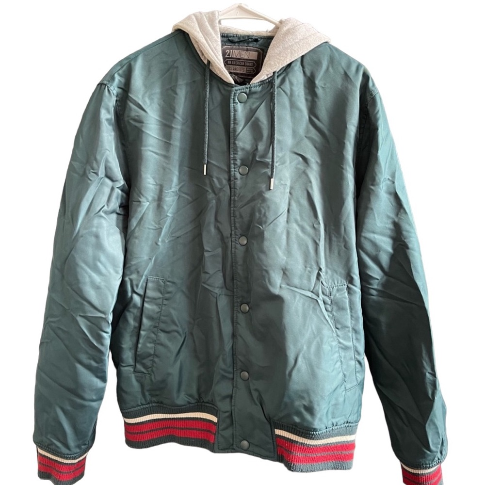 Forever 21 21Men Men's Green Satin Jacket Grey Hoodie, Size Large